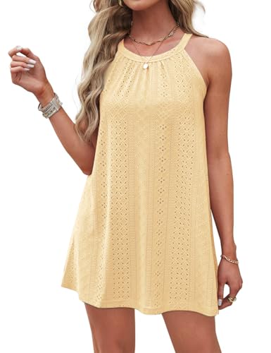 DUOEASE Neckholder Strandkleider Damen 2025 Knielang Sommerkleid Ärmelloses Bikini Cover Ups(Hellgelb,2XL) von DUOEASE