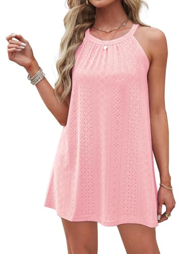 DUOEASE Neckholder Strandkleider Damen 2025 Knielang Sommerkleid Ärmelloses Bikini Cover Ups(Hellrosa,S) von DUOEASE