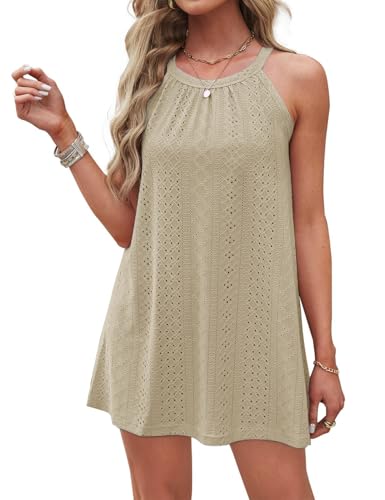 DUOEASE Neckholder Strandkleider Damen 2025 Knielang Sommerkleid Ärmelloses Bikini Cover Ups(Khaki,2XL) von DUOEASE