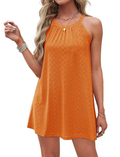 DUOEASE Neckholder Strandkleider Damen 2025 Knielang Sommerkleid Ärmelloses Bikini Cover Ups(Orange,XL) von DUOEASE