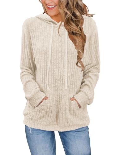 DUOEASE Oberteile Damen Elegant Einfarbig Kapuzenpullover Damen Langarm Casual Hoodie Top (Apricot L) von DUOEASE