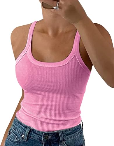 DUOEASE Oberteile Damen Sommer 2025 Classic Rundhals Einfarbig Spaghetti Top Gerippt Slim Fit Lässige Ärmellose T-Shirts 2025-Dunkelrosa-XS von DUOEASE