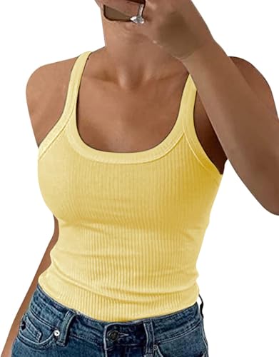 DUOEASE Oberteile Damen Sommer 2025 Classic Rundhals Einfarbig Spaghetti Top Gerippt Slim Fit Lässige Ärmellose T-Shirts 2025-Eiergelb-L von DUOEASE