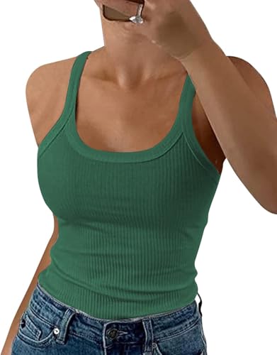 DUOEASE Oberteile Damen Sommer 2025 Classic Rundhals Einfarbig Spaghetti Top Gerippt Slim Fit Lässige Ärmellose T-Shirts 2025-Grün-L von DUOEASE