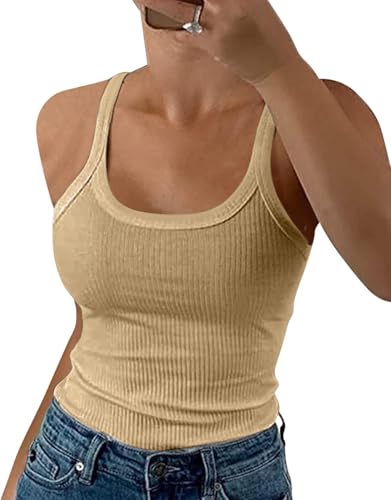DUOEASE Oberteile Damen Sommer 2025 Classic Rundhals Einfarbig Spaghetti Top Gerippt Slim Fit Lässige Ärmellose T-Shirts 2025-Hellbraun-L von DUOEASE