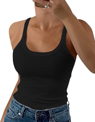 DUOEASE Oberteile Damen Sommer 2025 Schwarz Classic Rundhals Einfarbig Spaghetti Top Gerippt Slim Fit Lässige Ärmellose T-Shirts 2025-Schwarz-M von DUOEASE