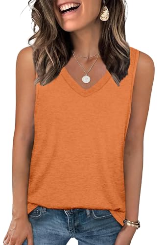 DUOEASE Oberteile Damen Sommer Basic Tank Tops V-Ausschnitt Cami Ärmelloses Tshirts(Orange,S) von DUOEASE