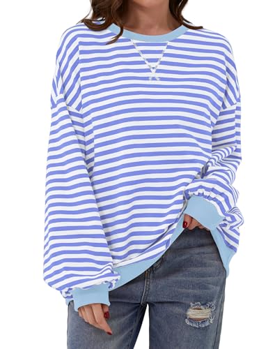 DUOEASE Oversize Pullover Damen 2024 Streifen Pullover Langarm Winter Rundhals Sweatshirt Y2K Oberteile(Blau,L) von DUOEASE