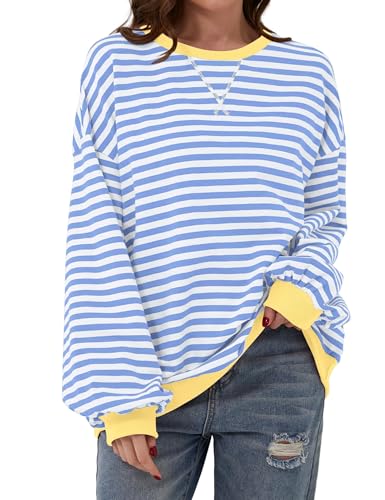 DUOEASE Pullover Damen 2024 Streifen Oversize Pullover Langarm Herbst Rundhals Sweatshirt Y2K Oberteile(Blau-Weiß,XXL) von DUOEASE