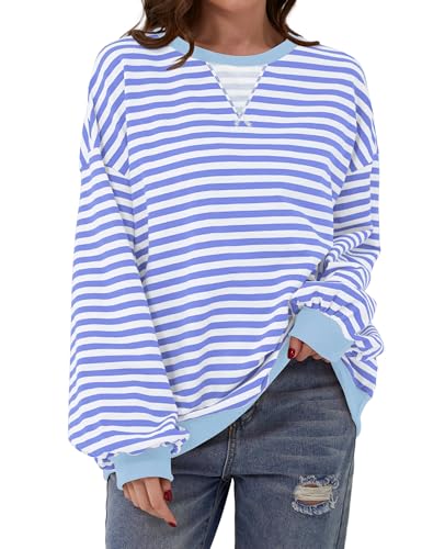 DUOEASE Pullover Damen 2024 Streifen Y2K Oversize Pullover Langarm Herbst Rundhals Sweatshirt Oberteile(Blau,XXL) von DUOEASE