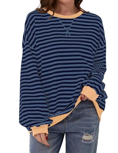 DUOEASE Pullover Damen 2025 Streifen Oversize Pullover Langarm Herbst Rundhals Sweatshirt Y2K Oberteile(Marineblau,M) von DUOEASE