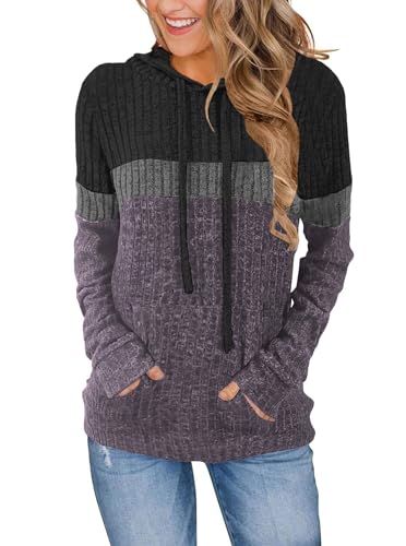 DUOEASE Pullover Damen Casual Farbblock Kapuzenpullover Damen Hoodie Langarm Sweatshirt(Grau-Lila S) von DUOEASE