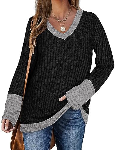 DUOEASE Pullover Damen Elegant V-Ausschnitt Oversize Sweatshirt Winter Casual Oberteile(2-Schwarz,3XL) von DUOEASE
