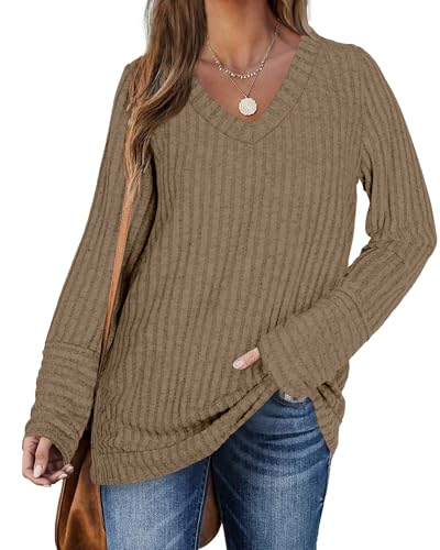 DUOEASE Pullover Damen Elegant V-Ausschnitt Oversize Sweatshirt Winter Casual Oberteile(Dunkelbraun,3XL) von DUOEASE