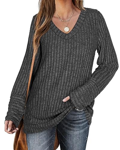 DUOEASE Pullover Damen Elegant V-Ausschnitt Oversize Sweatshirt Winter Casual Oberteile(Grau,L) von DUOEASE