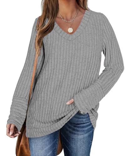 DUOEASE Pullover Damen Elegant V-Ausschnitt Oversize Sweatshirt Winter Casual Oberteile(HellGrau,L) von DUOEASE