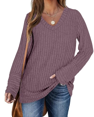 DUOEASE Pullover Damen Elegant V-Ausschnitt Oversize Sweatshirt Winter Casual Oberteile(Lila,3XL) von DUOEASE