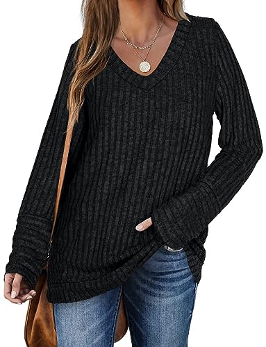 DUOEASE Pullover Damen Elegant V-Ausschnitt Oversize Sweatshirt Winter Casual Oberteile(Schwarz,3XL) von DUOEASE