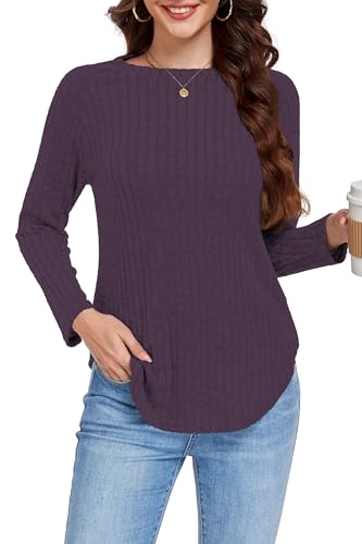 DUOEASE Pullover Damen Elegant Winter Sweater Langarm Confortable Oberteile Damen Herbst Gestreift (Lila Rot,M) von DUOEASE