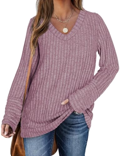 DUOEASE Pullover Damen Lang Frühling Basic Sweater Langarm V-Ausschnitt Oberteiles(Rosa,S) von DUOEASE