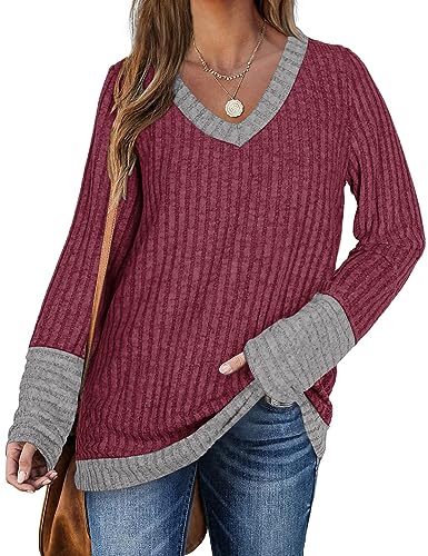 DUOEASE Damen Pullover Langarm Leichter Oberteile V-Ausschnitt Damen Herbst Elegant Sweater(2-Weinrot,S) von DUOEASE