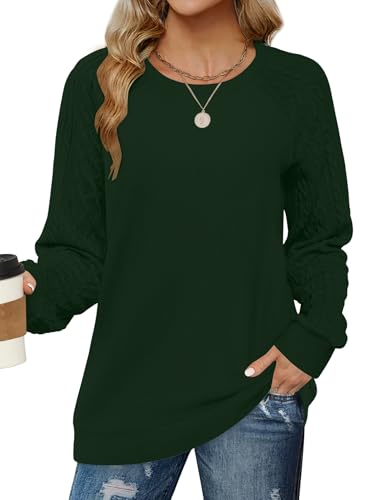 DUOEASE Pullover Damen Langarm Sweatshirt Winter Rundhalsausschnitt Oberteile Longsleeve Locker Pulli Lässiges Langarmshirt(Dunkelgrün S) von DUOEASE