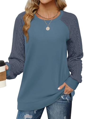 DUOEASE Pullover Damen Langarm Sweatshirt Winterpullover Rundhalsausschnitt Oberteile Longsleeve Locker Pulli Lässiges Strickpullover Tops(Blau L) von DUOEASE