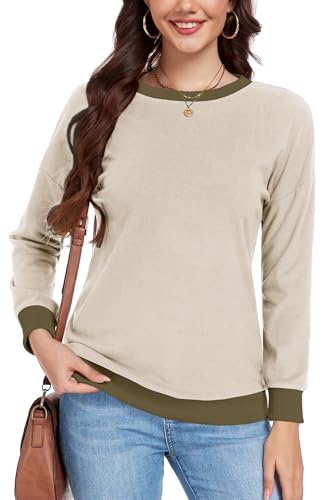DUOEASE Pullover Damen Rundhals Basic Langarmshirt Herbst Winter Casual Elegant Warm Oberteile (Khaki,S) von DUOEASE