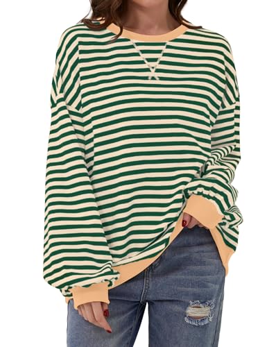 DUOEASE Pullover Damen Rundhals Sweatshirt Gestreift Oversize Pullover Herbst Winter Lässige Oberteile(Grün-Weiß,XL) von DUOEASE