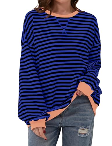 DUOEASE Pullover Damen Rundhals Sweatshirt Gestreift Oversize Pullover Herbst Winter Lässige Oberteile(Schwarz-Blau,XL) von DUOEASE