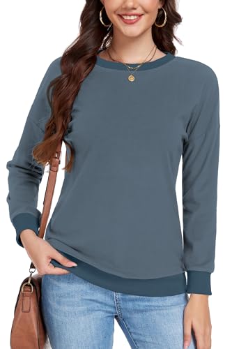 DUOEASE Pullover Damen Rundhalsausschnitt Langarm Sweatshirt Herbst Winter Elegant Leichter Top (Blau,XL) von DUOEASE