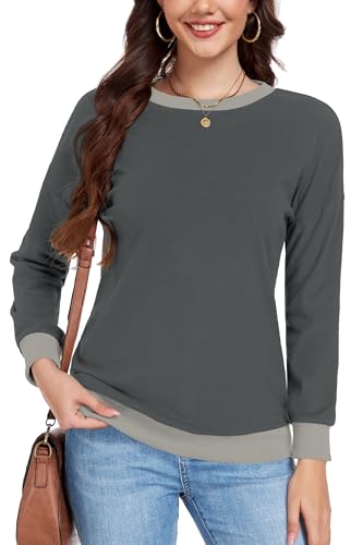 DUOEASE Pullover Damen Rundhalsausschnitt Langarm Sweatshirt Herbst Winter Elegant Leichter Top (Dunkelgrau,L) von DUOEASE