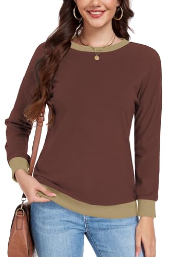 DUOEASE Pullover Damen Rundhalsausschnitt Langarm Sweatshirt Herbst Winter Elegant Leichter Top (Karamell,L) von DUOEASE