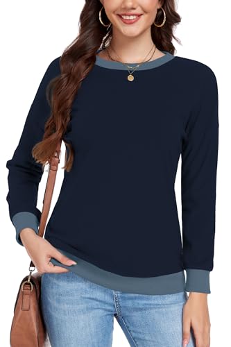 DUOEASE Pullover Damen Rundhalsausschnitt Langarm Sweatshirt Herbst Winter Elegant Leichter Top (Marineblau,L) von DUOEASE