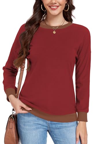 DUOEASE Pullover Damen Rundhalsausschnitt Langarm Sweatshirt Herbst Winter Elegant Leichter Top (Rot,XL) von DUOEASE