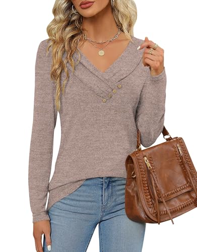 DUOEASE Pullover Damen V-Ausschnitt Elegant Tunika Herbst Winter Basic Oberteile(Dunkelrosa,L) von DUOEASE