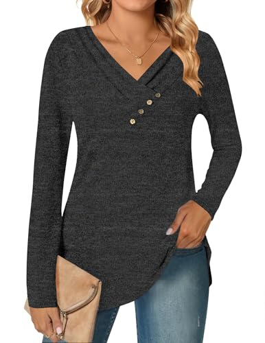 DUOEASE Pullover Damen V-Ausschnitt Elegant Tunika Herbst Winter Basic Oberteile(Schwarz,XL) von DUOEASE