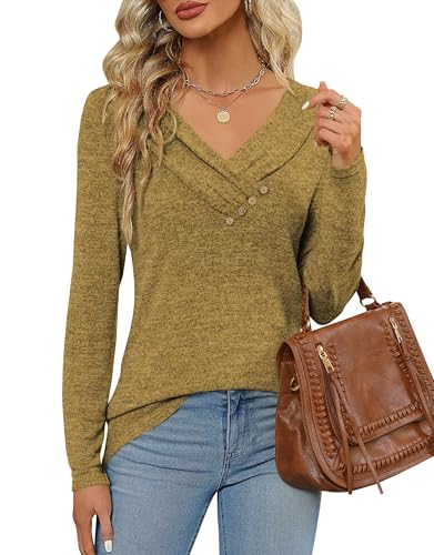 DUOEASE Pullover Damen V-Ausschnitt Elegant Tunika Herbst Winter Basic Oberteile(Senfgelb,L) von DUOEASE