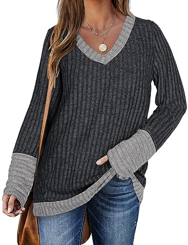DUOEASE Pullover Damen Winter Casual Langarm Oversize Sweater V-Ausschnitt Lightweight Oberteile(2-Grau,2XL) von DUOEASE