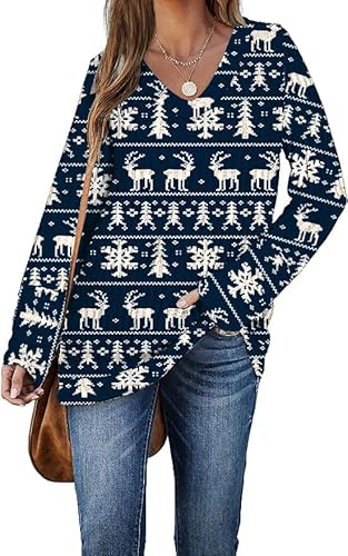 DUOEASE Pullover Damen Winter Christmas Langarm Sweater V-Ausschnitt Lightweight Oberteile(Blauer Elch,L) von DUOEASE