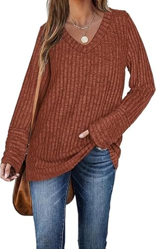 DUOEASE Langarmshirt Damene Legant Herbst Pullover Basic Casual V-Ausschnitt Oberteiles(Orange,XL) von DUOEASE