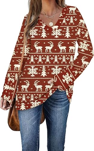 DUOEASE Pullover Damen Winter Christmas Langarm Sweater V-Ausschnitt Lightweight Oberteile(Roter Elch,L) von DUOEASE