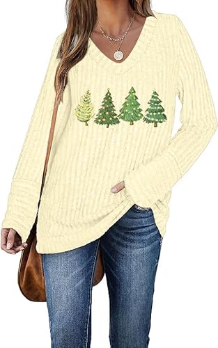 DUOEASE Pullover Damen Winter Christmas Langarm Sweater V-Ausschnitt Lightweight Oberteile(Weihnachtsbaum,M) von DUOEASE