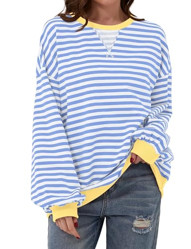 DUOEASE Pullover Damen Y2K Rundhals Sweatshirt Gestreift Oversize Pullover Herbst Winter Lässige Oberteile(Blau,XL) von DUOEASE