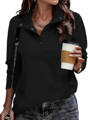 DUOEASE Pullover Schwarz Damen Casual mit Knöpfen Lose Top mit Taschen Langarm Basic Herbst Winter Sweatshirt S von DUOEASE