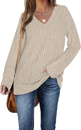 DUOEASE Pullover für Damen Herbst Langarm V-Ausschnitt Loose Herbst Sweatshirt(Apricot,XXL) von DUOEASE