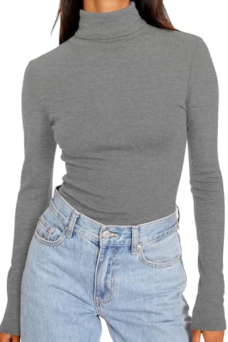 DUOEASE Rollkragenpullover Damen Basic Einfarbig Langarmshirt Damen Herbst Winter Oberteile Rollkragen Langarm Tshirt Elegant Casual Top(Grau L von DUOEASE