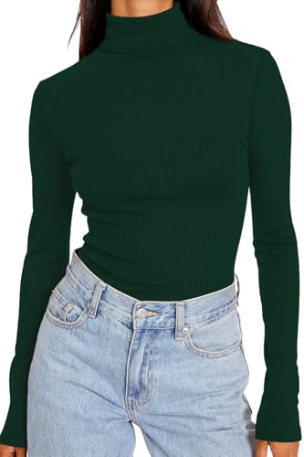 DUOEASE Rollkragenpullover Damen Basic Einfarbig Langarmshirt Damen Herbst Winter Oberteile Rollkragen Langarm Tshirt Elegant Casual Top(Grün L von DUOEASE