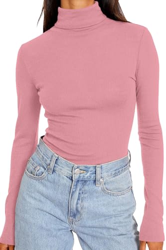 DUOEASE Rollkragenpullover Damen Basic Einfarbig Langarmshirt Damen Herbst Winter Oberteile Rollkragen Langarm Tshirt Elegant Casual Top(Rosa L von DUOEASE
