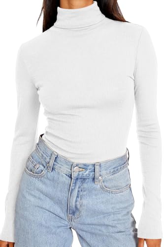 DUOEASE Rollkragenpullover Damen Slim Fit Casual Gerippt T Shirt Damen Weiß Basic Rollkragen Elegant Oberteile Herbst Winter Top M von DUOEASE